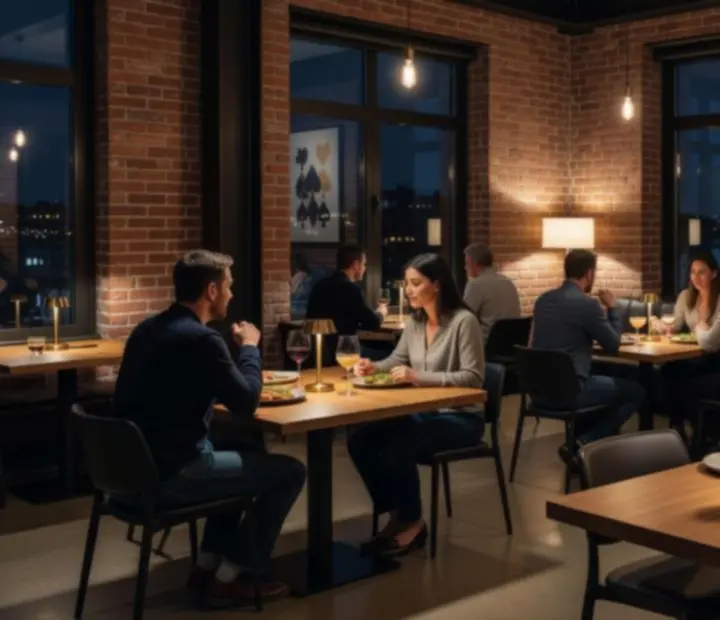 Hangulatképek loft stílusú éttermi térről, kortárs ételekről, koktélokról és baráti társaságokról