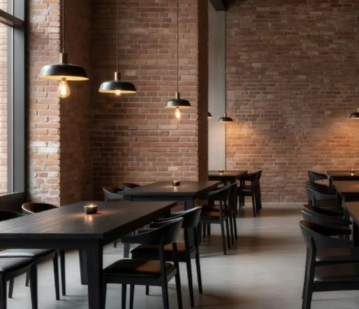 Zoorevia loft stílusú rendezvénytere téglafalakkal és sötét fa bútorokkal